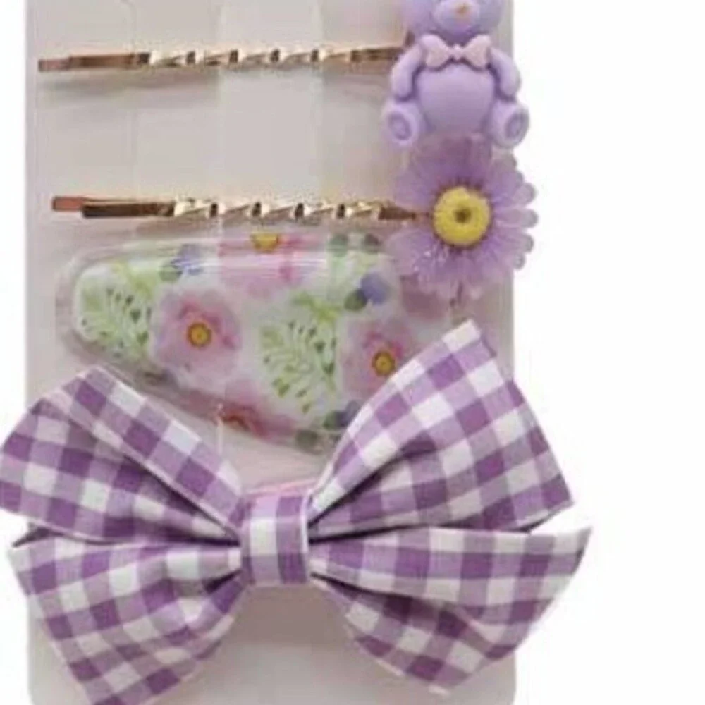 Hair clips Purple Hair accessories fashion bear flower ribbon hair pin 4PC set